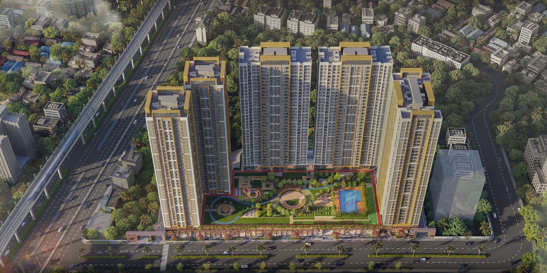 Aerial view of the five towers of Prestige Garden Trails around the central amenity deck