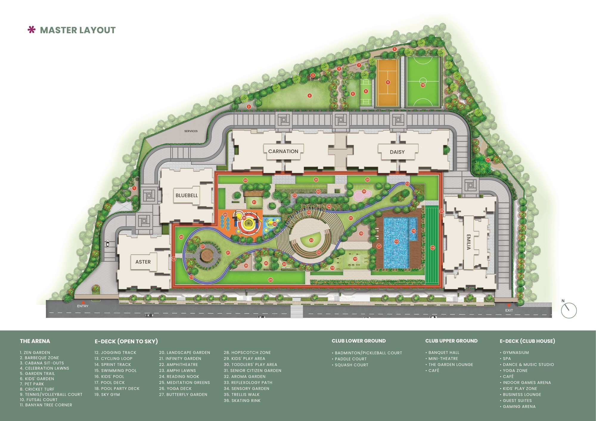 Master plan of the Prestige Garden Trails estate showing the five towers and central amenity deck